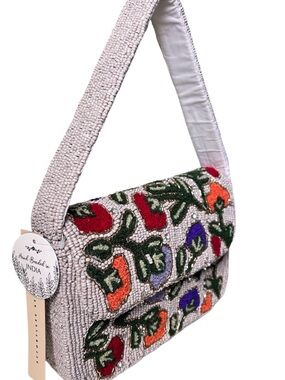 Hand Beaded Embroidered Tan Veggie Floral Shoulder Bag
